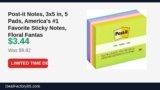 Post-it Notes, 3×5 in, 5 Pads, America’s #1 Favorite Sticky Notes, Floral Just Dropped to $3.44 (65% Off)