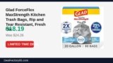 Glad ForceFlex MaxStrength Kitchen Trash Bags, Rip and Tear Resistant, Fresh Just Dropped to $18.19 (25% Off)