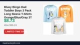 Bluey Bingo Dad Toddler Boys 3 Pack Long Sleeve T-Shirts Orange/Blue/Gray 3T Just Dropped to $8.73 (76% Off)
