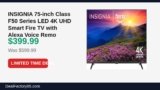 INSIGNIA 75-inch Class F50 Series LED 4K UHD Smart Fire TV with Alexa Voice Just Dropped to $399.99 (33% Off)