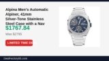 Alpina Men’s Automatic Alpiner, 41mm Silver-Tone Stainless Steel Case with a Just Dropped to $1767.84 (37% Off)