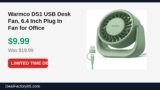 Warmco DS1 USB Desk Fan, 6.4 Inch Plug In Fan for Office Just Dropped to $9.99 (50% Off)