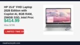 HP 15.6″ FHD Laptop 2026 Edition with Copilot AI, 8GB RAM, 256GB SSD, Intel Just Dropped to $414.99 (48% Off)