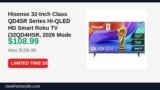 Hisense 32-Inch Class QD4SR Series Hi-QLED HD Smart Roku TV (32QD4HSR, 2026 Just Dropped to $108.99 (46% Off)